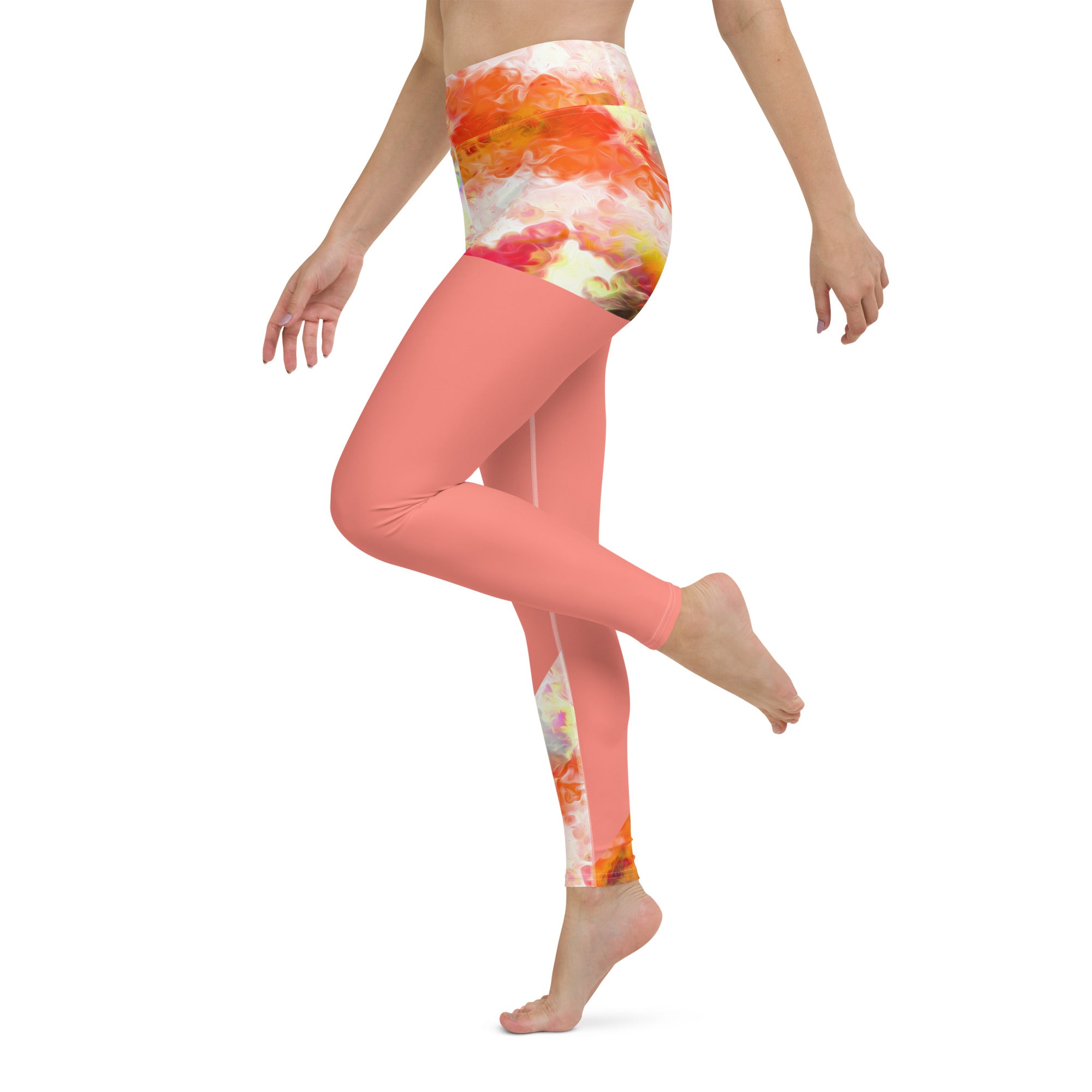 Active Wear Leggings- Tie and Dye Art on Coral and White. Streetwear Leggings. Yoga Pants. WickedYo.